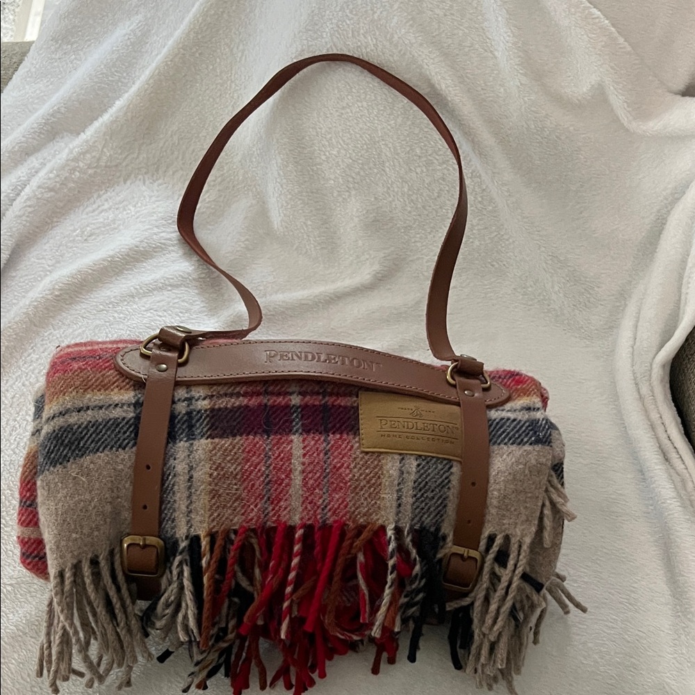 Pendleton Multicolor Plaid Travel Blanket with Leather Straps